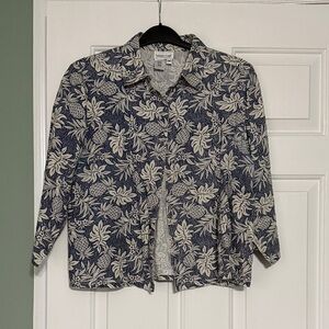 100% Linen Coldwater Creek Navy and Cream Leaf Print Shirt